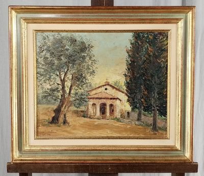 an oil painting of a small house on a wooden easel