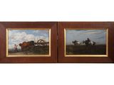 paire de peintures à l'huile du XIXe siècle représentant des chevaux tirant une charrue