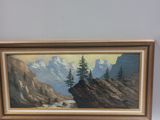 painting of a mountain scene with a river and pine trees