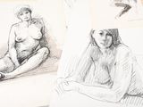 sketches of a woman sitting on the floor with her legs crossed