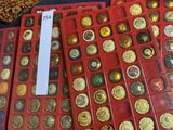 many different types of buttons in a red case