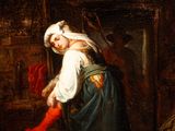 painting of a woman in a kitchen with a red sock