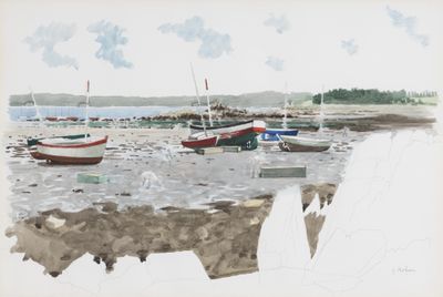 many boats that are sitting on the shore of the water