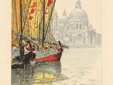 a painting of a boat in the water with a building in the background