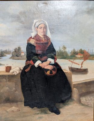 tableau représentant une femme assise sur un rebord de pierre, avec un voilier en arrière-plan