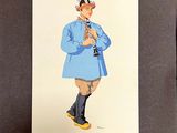 painting of a man in a blue coat and hat holding a flute