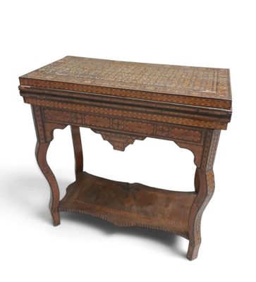 an old wooden table with a shelf underneath it on a white background