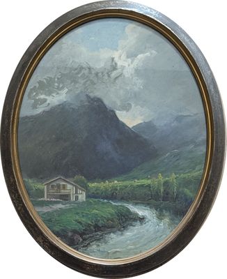 an image of a painting of a mountain scene with a river in the foreground and a house in the foreground