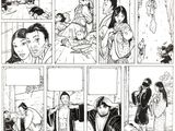 une image en noir et blanc d'une bande dessinée avec des personnages en arrière-plan