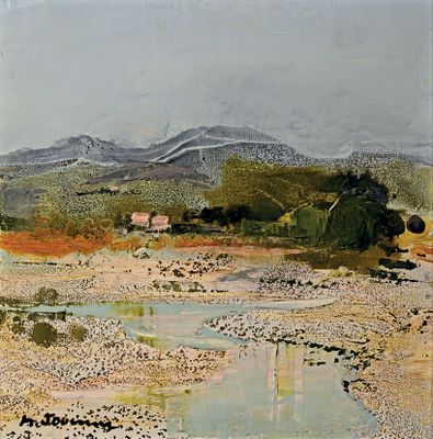 l'image d'un tableau représentant un paysage avec une rivière au premier plan