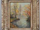a painting of a river scene with trees and a castle in the background