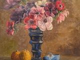 a painting of flowers in a blue vase on a table