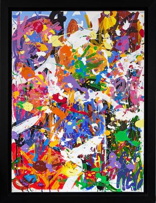 abstract painting of multicolored paint splattered onto a black frame