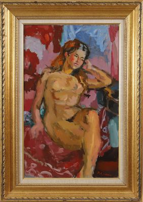 an oil painting of a nude woman sitting on a red chair