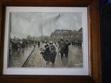 tableau représentant un groupe de personnes marchant dans la rue sous la pluie