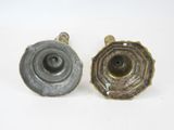 pair of antique brass door knobs with a spiral design