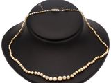 a white pearl necklace and bracelet set on a black mannequin