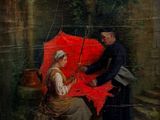 un tableau représentant un homme et une femme avec un parapluie rouge