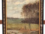 painting of a landscape with a river and trees in a wooden frame