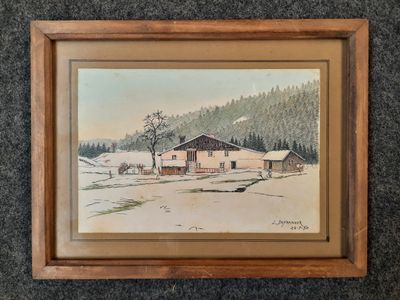 un tableau représentant une maison dans la neige, avec une montagne en arrière-plan