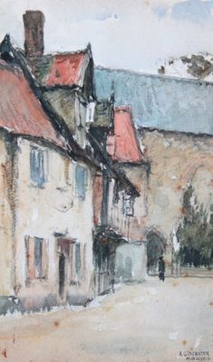 peinture d'une scène de rue avec des bâtiments et une personne marchant dans la rue
