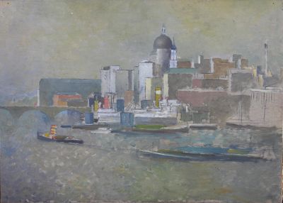 a painting of a cityscape with a boat in the water