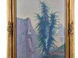 une image représentant un tableau d'un pin devant une montagne