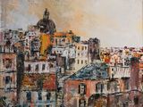 an oil painting of a cityscape with a clock tower in the background