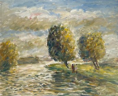 une peinture à l'huile représentant deux moutons dans un champ
