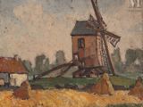 une image représentant un tableau d'un moulin à vent dans un champ