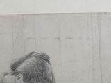 pencil drawing of a young man playing a guitar in a room