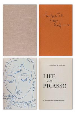 three books with drawings of a woman ' s face and a man ' s face on them
