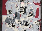 painting of a red and white poster with a black and white image of a city