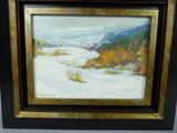 an oil painting of a snowy landscape with mountains in the background