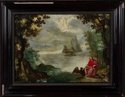 une peinture à l'huile représentant un homme et une femme assis sur un rocher au bord d'une rivière