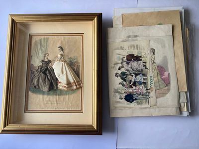 two framed pictures of a couple of women in dresses
