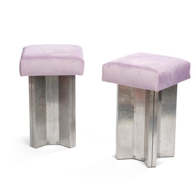 pair of purple velvet stools with metal legs on a white background