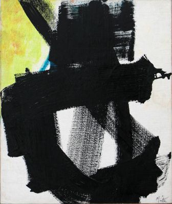 an image of a black and white painting with a yellow background