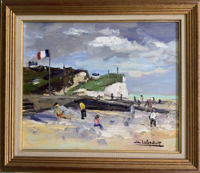 an oil painting of a beach scene with people on the sand