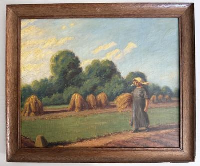 tableau représentant une femme avec une botte de paille dans un champ