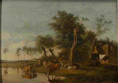 ECOLE FLAMANDE, 19EME SIECLE Landscape with cattle watering …