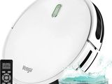 an image of a white and black robot vacuum cleaner with a remote control