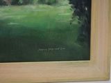 an oil painting of a green field with trees and a house in the background