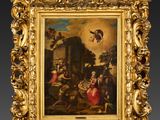 un tableau ancien représentant un homme et une femme dans un paysage où figure un oiseau