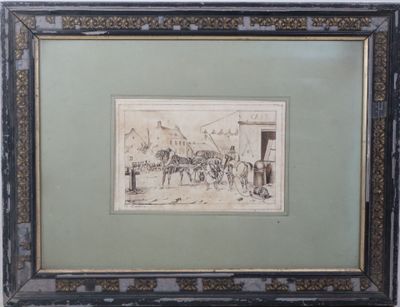 an image of a drawing of a horse drawn carriage in a frame