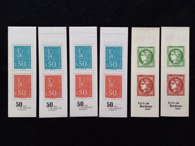 quatre timbres de couleurs différentes sur fond noir, avec un timbre rouge, un vert et un bleu