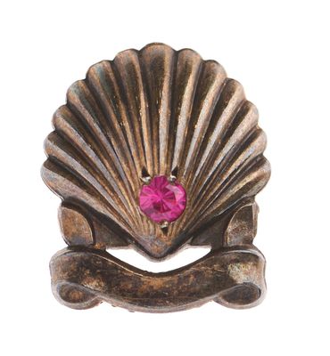 a shell shaped brooch with a pink stone in it