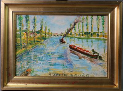 un tableau représentant un bateau descendant une rivière