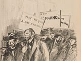 drawing of a group of people holding signs in front of a crowd