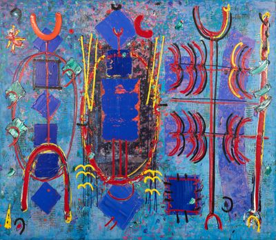 a painting of a blue and red painting on a blue background